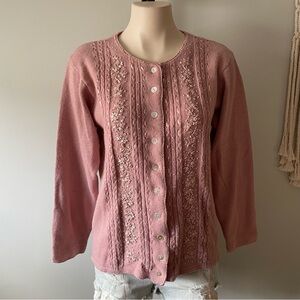Vintage Alfred Dunner Pink Knit Button Down Cardigan Faux Pearls & Ribbons